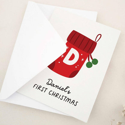Baby’s First Christmas stocking card with red stocking design, opened with blank inside – XOXOKristen