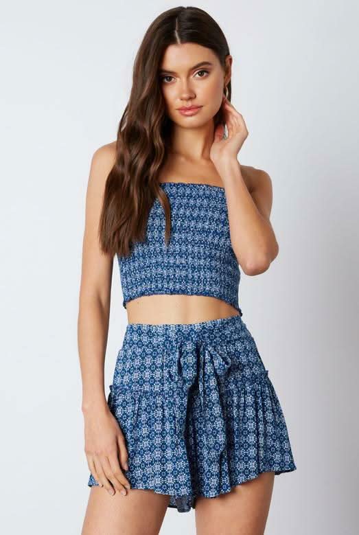 Mykonos Blue Print Cropped Two-Piece Skort Set