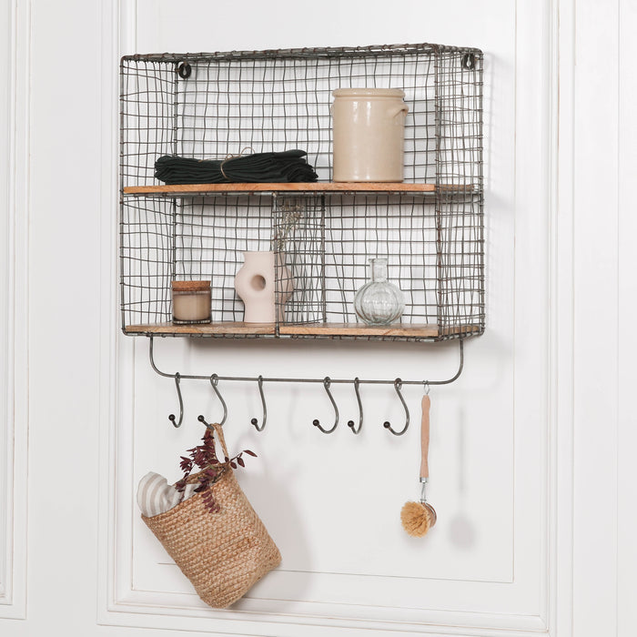 Iron Wire 3 Compartment Wall Shelf with Mango Wood Shelves and Hooks - Modern Home Interiors