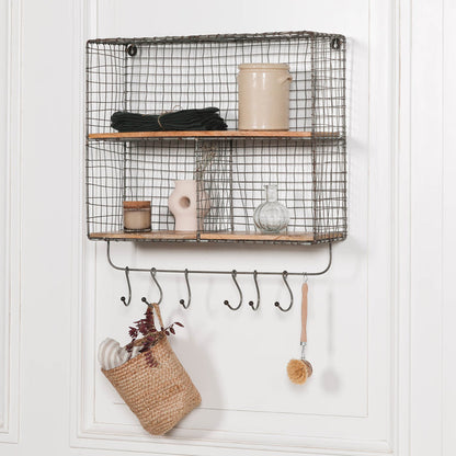 Iron Wire 3 Compartment Wall Shelf with Mango Wood Shelves and Hooks - Modern Home Interiors