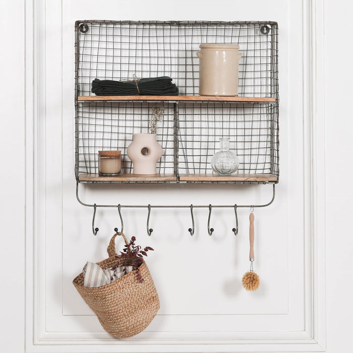 Iron Wire 3 Compartment Wall Shelf with Mango Wood Shelves and Hooks - Modern Home Interiors
