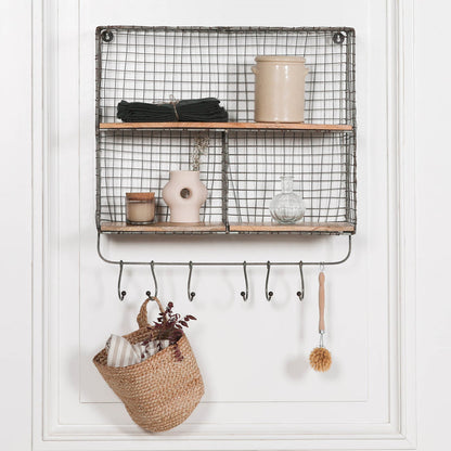 Iron Wire 3 Compartment Wall Shelf with Mango Wood Shelves and Hooks - Modern Home Interiors
