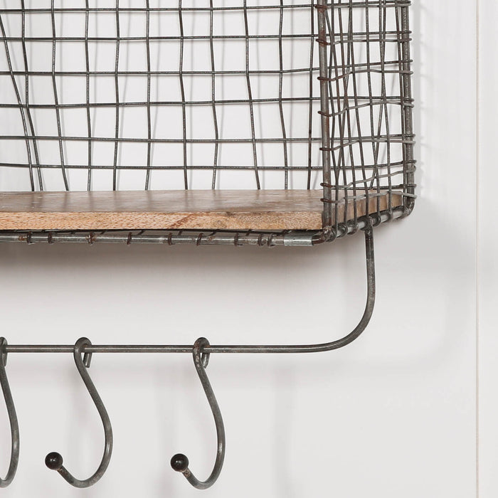 Iron Wire 3 Compartment Wall Shelf with Mango Wood Shelves and Hooks - Modern Home Interiors