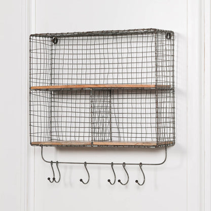 Iron Wire 3 Compartment Wall Shelf with Mango Wood Shelves and Hooks - Modern Home Interiors
