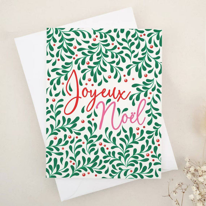 French Joyeux Noël card with green leaves and red berries holiday design – XOXOKristen