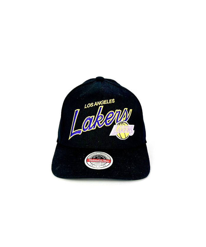 LA Lakers Classic Script Red Snapback Hat by Mitchell & Ness