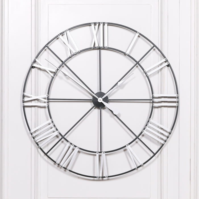 Large 102cm Metal Wall Clock with Silver Roman Numerals - Modern Home Interiors