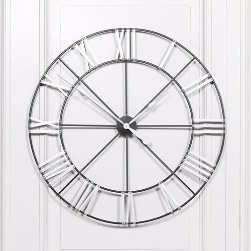 Large 102cm Metal Wall Clock with Silver Roman Numerals - Modern Home Interiors
