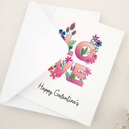 LOVE floral Galentine’s greeting card with Happy Galentine’s script, white envelope – XOXOKristen