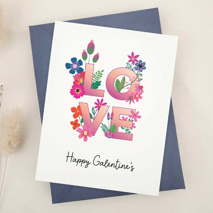 LOVE floral Galentine’s card with Happy Galentine’s text, navy envelope – XOXOKristen