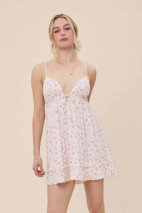 Martha Ivory and Pink Floral Babydoll Mini Dress