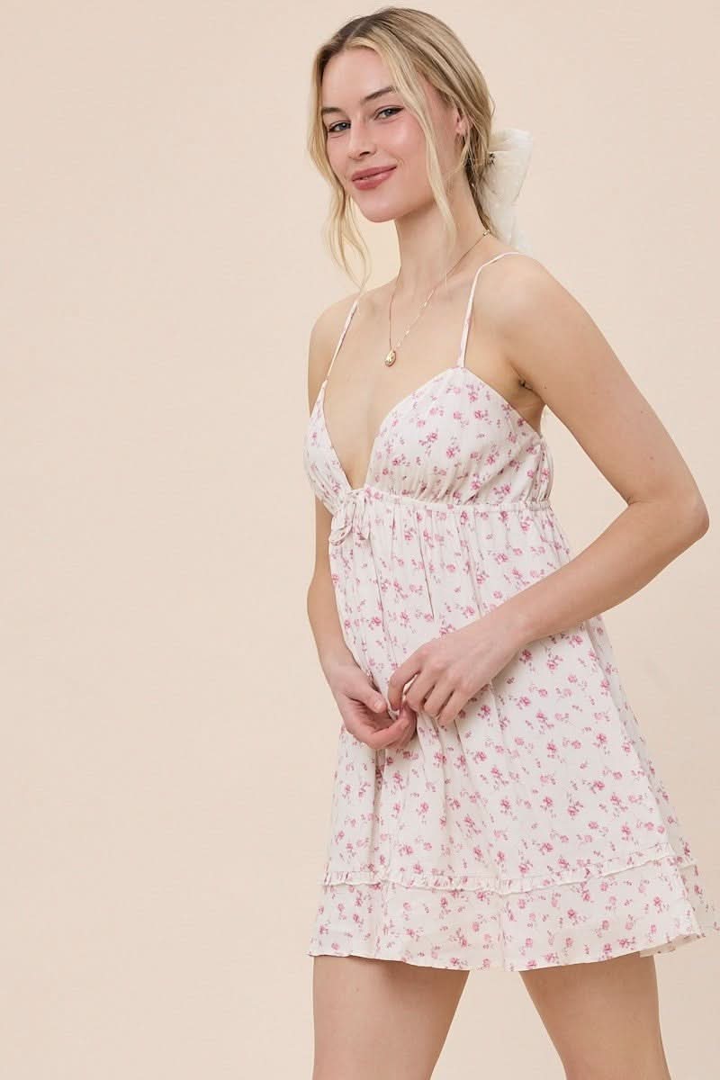 Martha Ivory and Pink Floral Babydoll Mini Dress