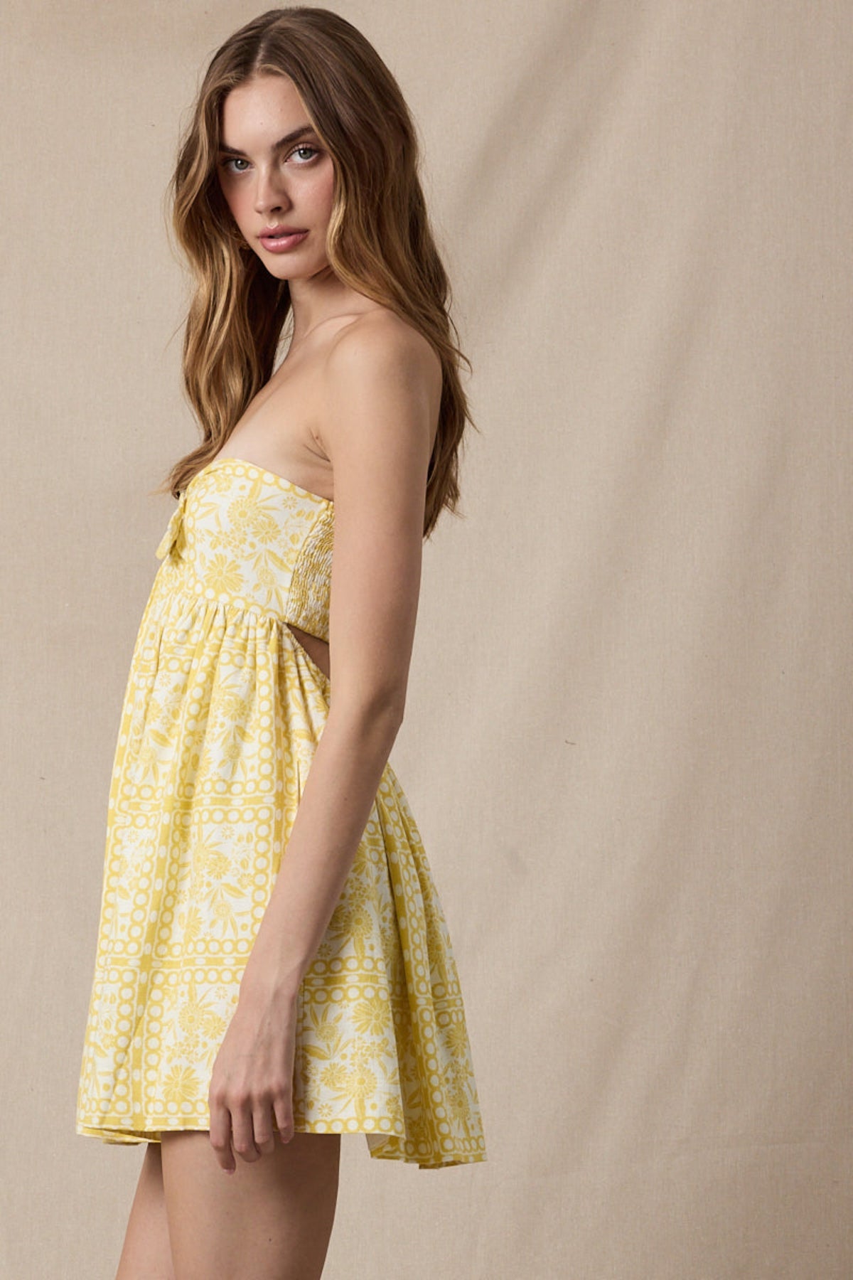Mckenna Yellow Boho Print Strapless Mini Dress