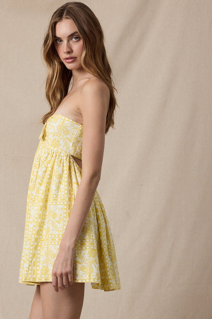 Mckenna Yellow Boho Print Strapless Mini Dress