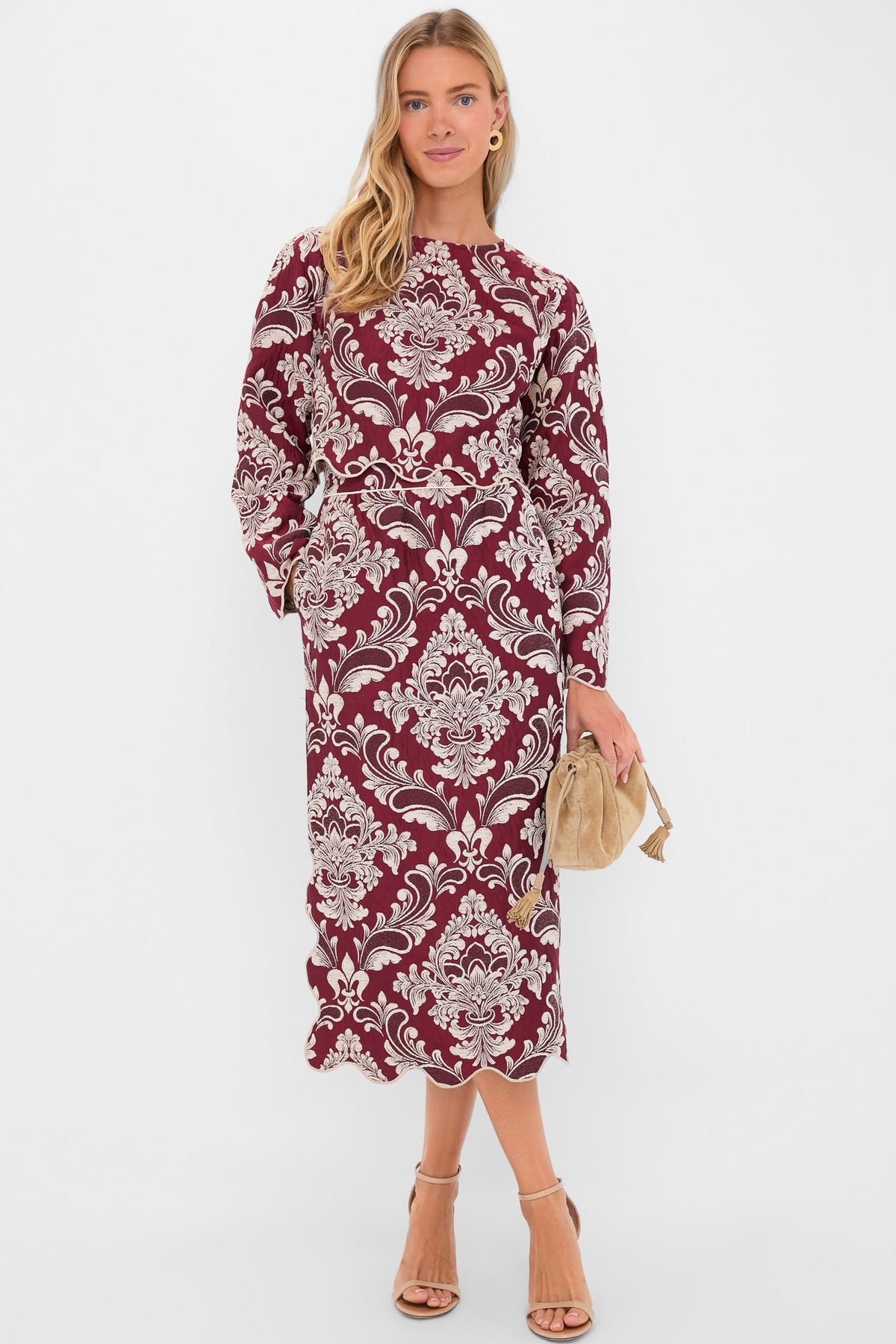 Blush Pink and Burgundy Bicolor Jacquard Waves Long Sleeve Top