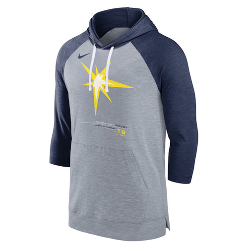 Rays Men's Nike Baseball Gray Navy Raglan Burst 3/4-Sleeve Pullover Hoodie
