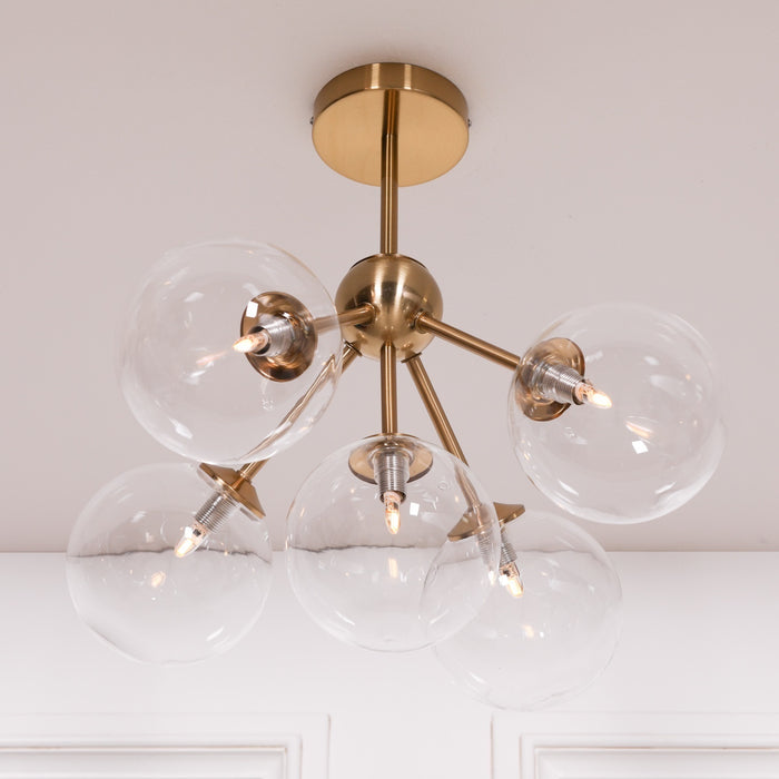 Satin Gold Art Deco 5 Arm Sputnik Glass Ball Ceiling Light - Modern Home Interiors