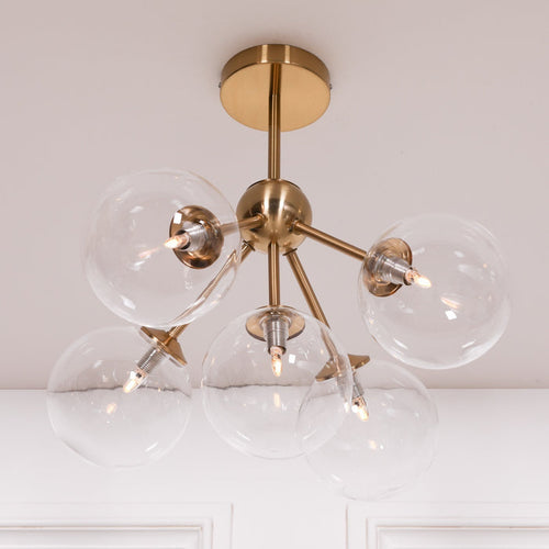 Satin Gold Art Deco 5 Arm Sputnik Glass Ball Ceiling Light - Modern Home Interiors
