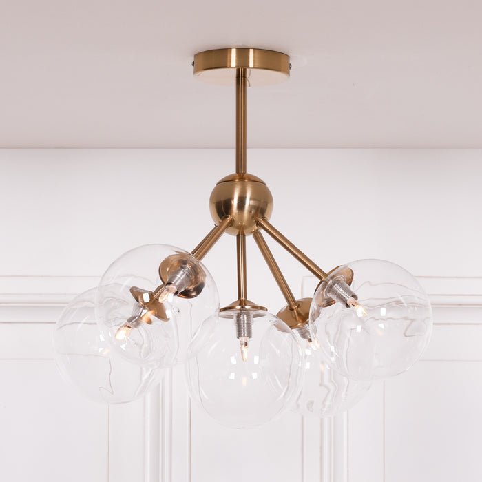 Satin Gold Art Deco 5 Arm Sputnik Glass Ball Ceiling Light - Modern Home Interiors