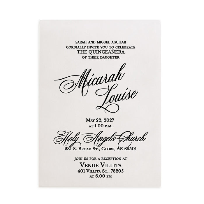 XOXOKristen personalized Quinceañera invitation printed on matte vellum with elegant black calligraphy fonts, featuring a clean modern layout ideal for 15th birthday celebrations and sweet fifteen events – XOXOKristen.
