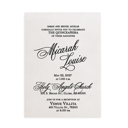XOXOKristen personalized Quinceañera invitation printed on matte vellum with elegant black calligraphy fonts, featuring a clean modern layout ideal for 15th birthday celebrations and sweet fifteen events – XOXOKristen.
