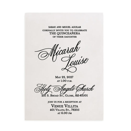 XOXOKristen personalized Quinceañera invitation printed on matte vellum with elegant black calligraphy fonts, featuring a clean modern layout ideal for 15th birthday celebrations and sweet fifteen events – XOXOKristen.