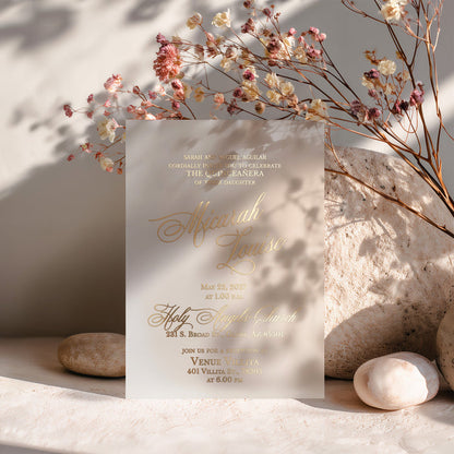 XOXOKristen personalized Quinceañera invitation with metallic gold foil print on translucent vellum, featuring graceful script typography and classic design for a luxury sweet fifteen celebration – XOXOKristen.