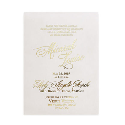 XOXOKristen gold foil Quinceañera invitation on frosted acrylic, photographed beside soft dried flowers and natural stones under warm sunlight, showcasing luxury design for personalized 15th birthday parties – XOXOKristen.