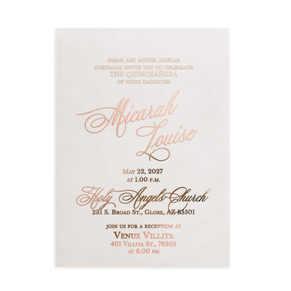 XOXOKristen translucent acrylic Quinceañera invitation with shimmering rose gold foil lettering, placed on textured beige stone with dried florals and natural light shadows, perfect for a modern 15th birthday – XOXOKristen.