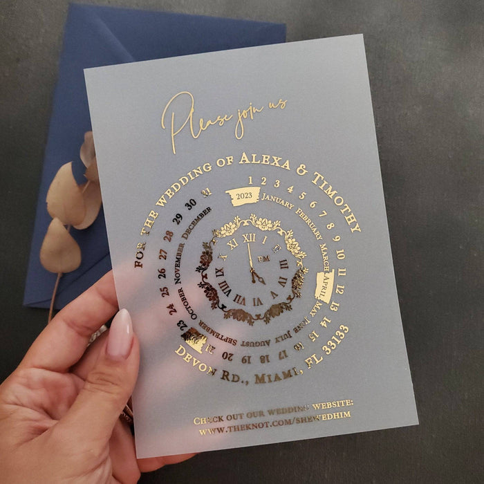 Frosted vellum wedding invitation with bold black ink and roman numeral clock motif surrounded by circular calendar layout – XOXOKristen