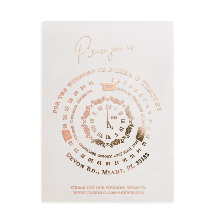 Frosted vellum wedding invitation with rose-gold foil and serif typography, highlighting a circular clock centerpiece – XOXOKristen